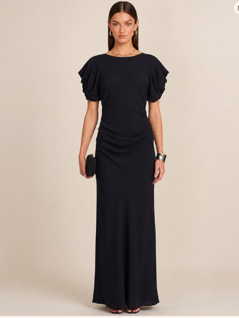 J.Crew Unique Silky Ruched Puff Sleeve Sample Maxi Small Black Dress Size S